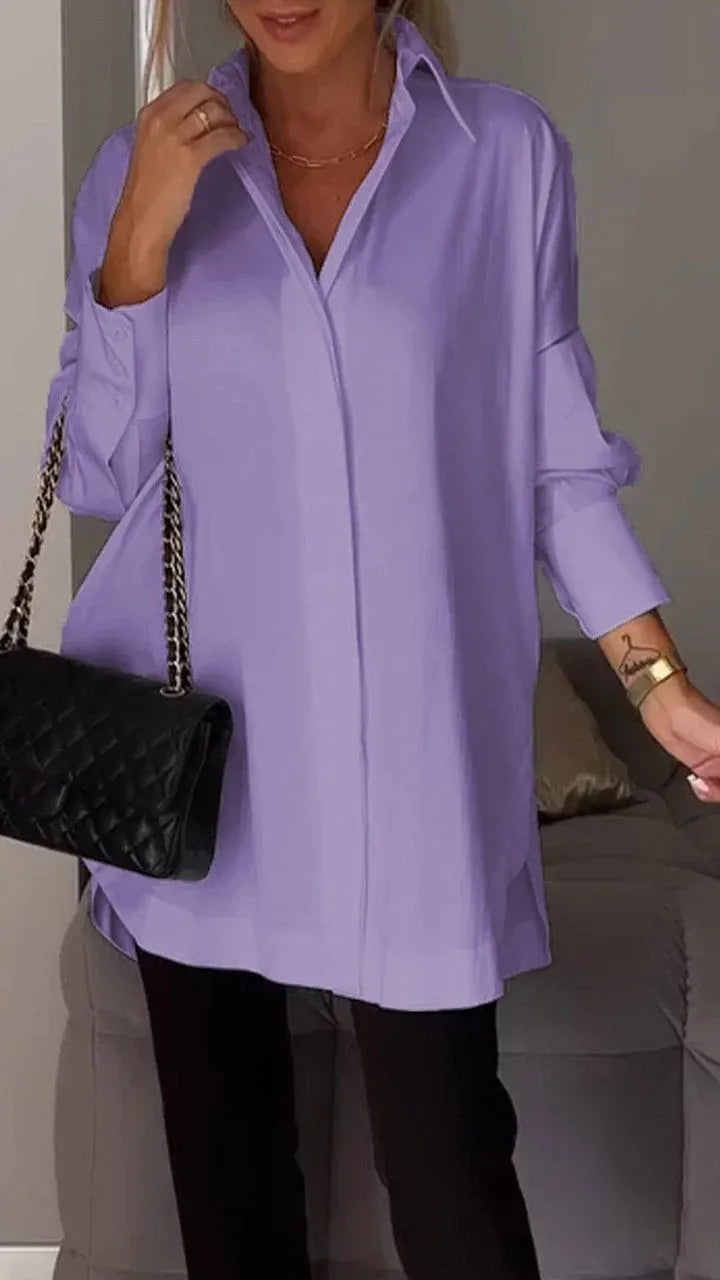 Women’s Loose Button Blouse – Summer Long Sleeve Shirt with Turn Down Collar Tops