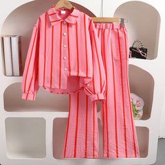 Girls’ Striped Fashion Clothing Set – Coat &amp; Long Pants (7–13 Years)