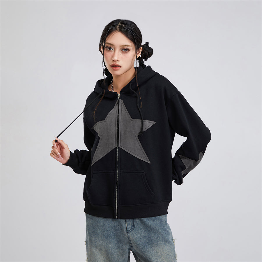 Vintage Star Print Women’s Zip-Up Hoodie – Harajuku Streetwear Outerwear