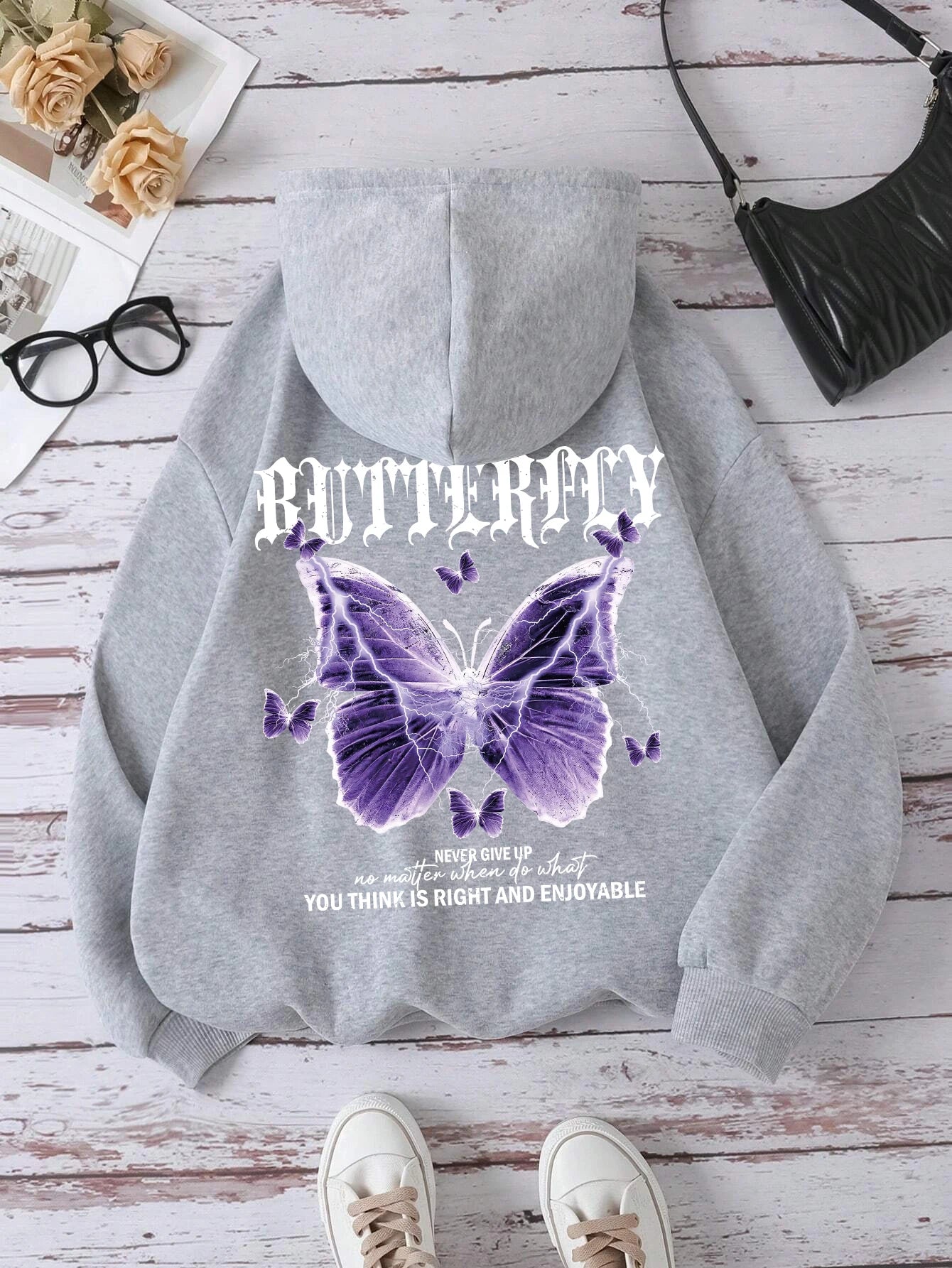 Purple Butterfly Print Hoodie – Women’s Fleece Pullover with Pocket | Casual Autumn Streetwear