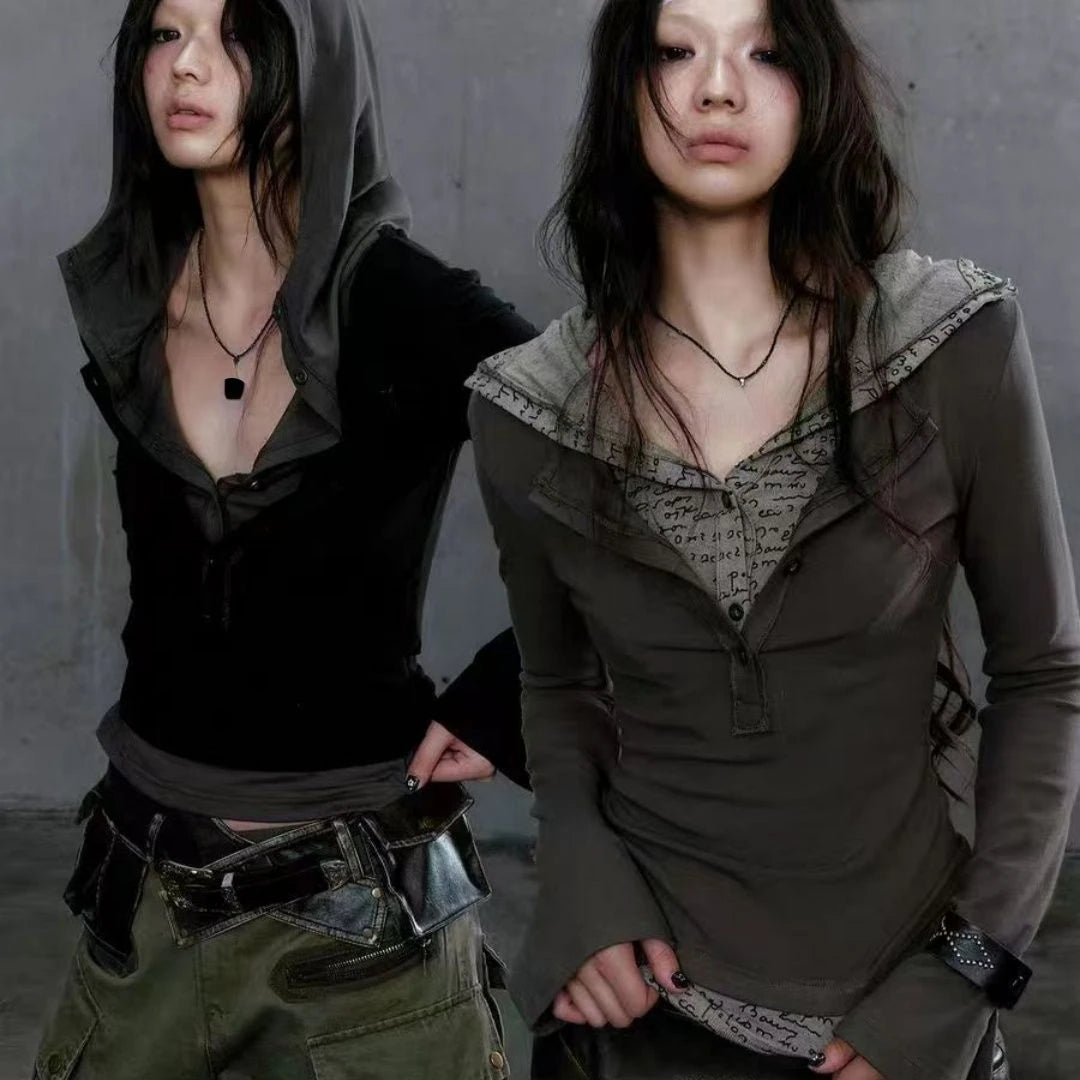 Y2k Aesthetic Fake Two Pieces Women T-shirt  Gothic Punk Vintage Casual Hooded Tshirts Grunge Letter Print Slim Fit Tees Femme