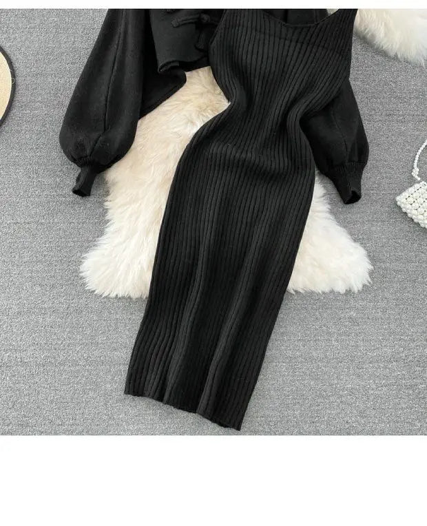 Solid Color Knitwear Set Lace up New Chinese Knitted Cardigan Women Sweater Coat Camisole Dress Two Piece Set Women Outfits