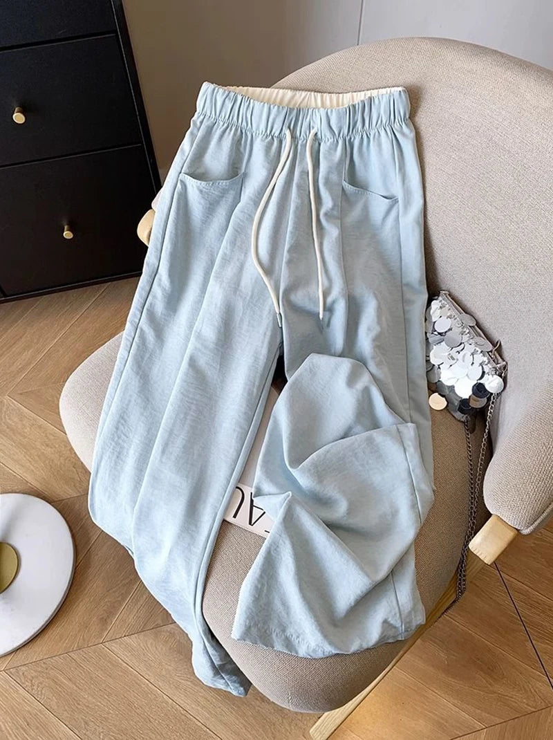 Japanese Casual Wide Leg Pants Women Summer High Waist Thin Loose Jogging Pants Y2K Baggy All Match Straight Trousers
