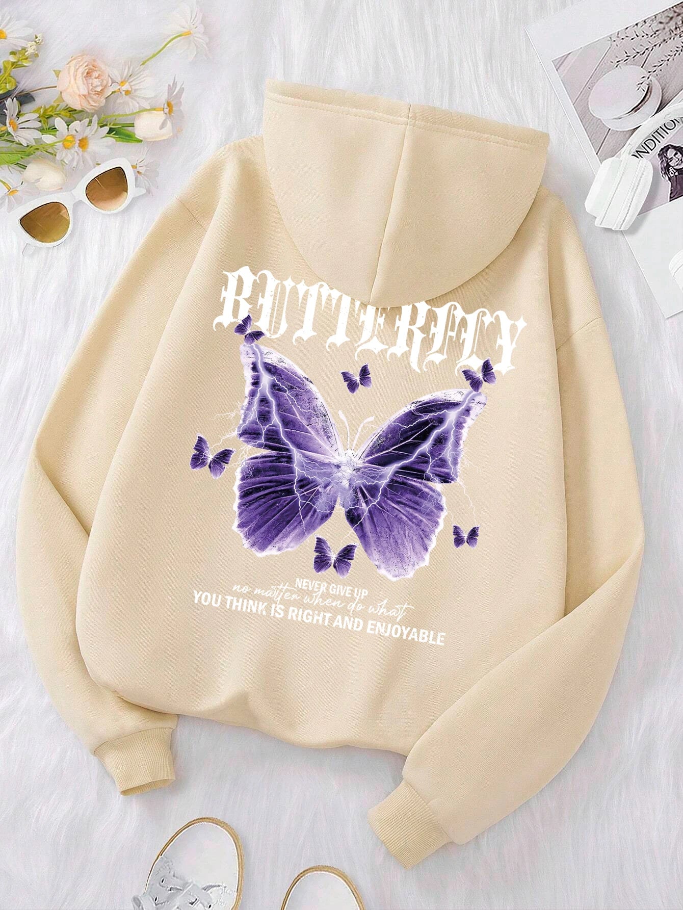 Purple Butterfly Print Hoodie – Women’s Fleece Pullover with Pocket | Casual Autumn Streetwear