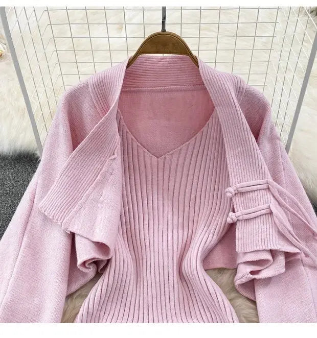 Solid Color Knitwear Set Lace up New Chinese Knitted Cardigan Women Sweater Coat Camisole Dress Two Piece Set Women Outfits