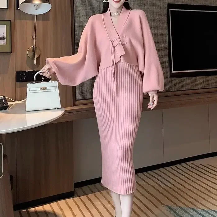 Solid Color Knitwear Set Lace up New Chinese Knitted Cardigan Women Sweater Coat Camisole Dress Two Piece Set Women Outfits