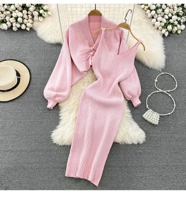 Solid Color Knitwear Set Lace up New Chinese Knitted Cardigan Women Sweater Coat Camisole Dress Two Piece Set Women Outfits