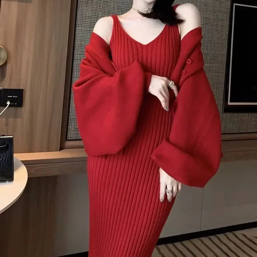 Solid Color Knitwear Set Lace up New Chinese Knitted Cardigan Women Sweater Coat Camisole Dress Two Piece Set Women Outfits