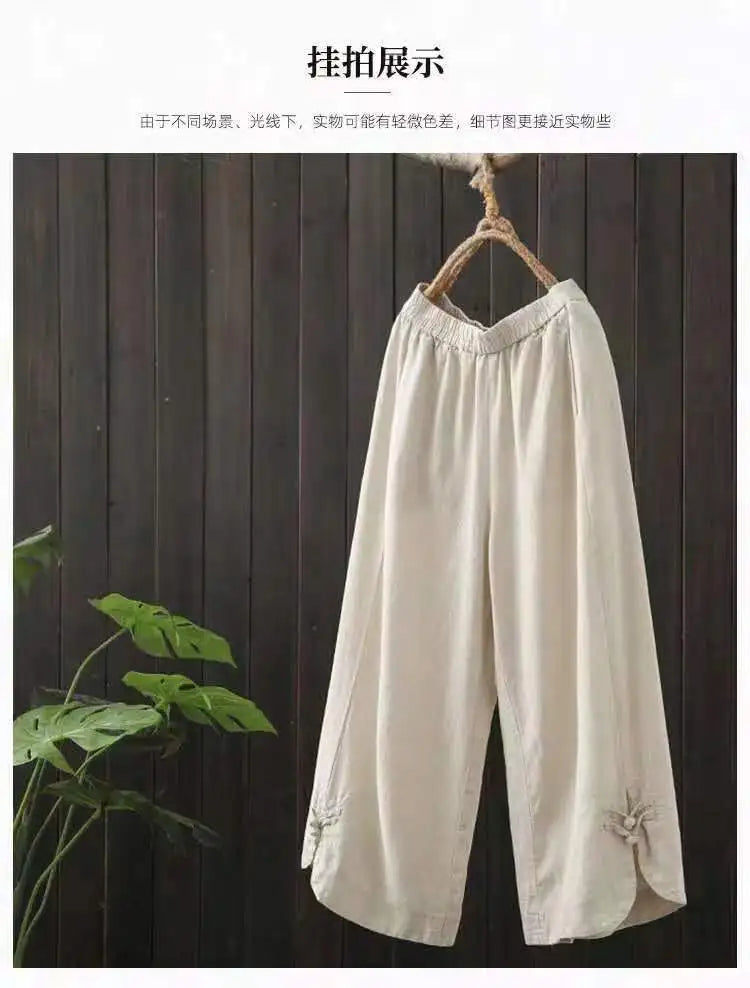 Cotton Linen Elastic Waist Wide Leg  Women Summer High Waist Vintage Loose Slimming Nine-Minute Pants Ethnic Style