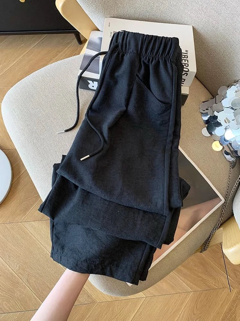 Japanese Casual Wide Leg Pants Women Summer High Waist Thin Loose Jogging Pants Y2K Baggy All Match Straight Trousers
