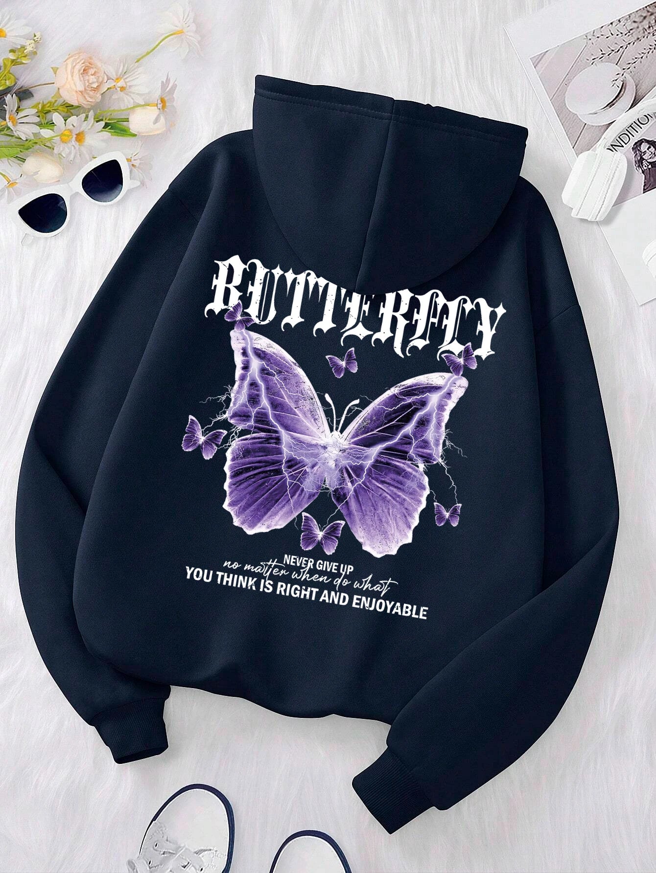 Purple Butterfly Print Hoodie – Women’s Fleece Pullover with Pocket | Casual Autumn Streetwear
