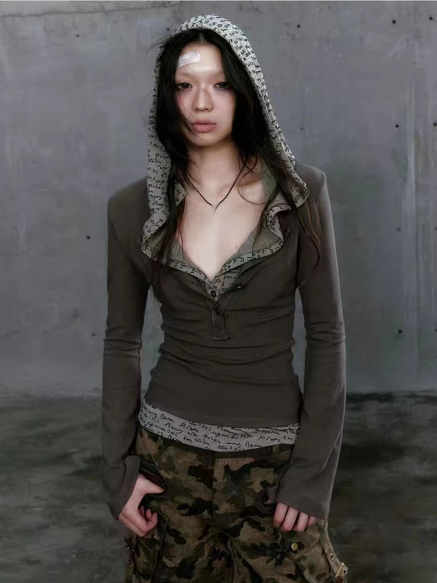 Y2k Aesthetic Fake Two Pieces Women T-shirt  Gothic Punk Vintage Casual Hooded Tshirts Grunge Letter Print Slim Fit Tees Femme