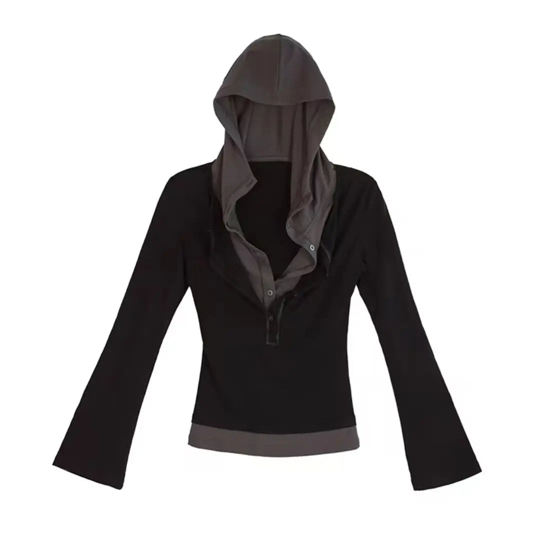 Y2k Aesthetic Fake Two Pieces Women T-shirt  Gothic Punk Vintage Casual Hooded Tshirts Grunge Letter Print Slim Fit Tees Femme
