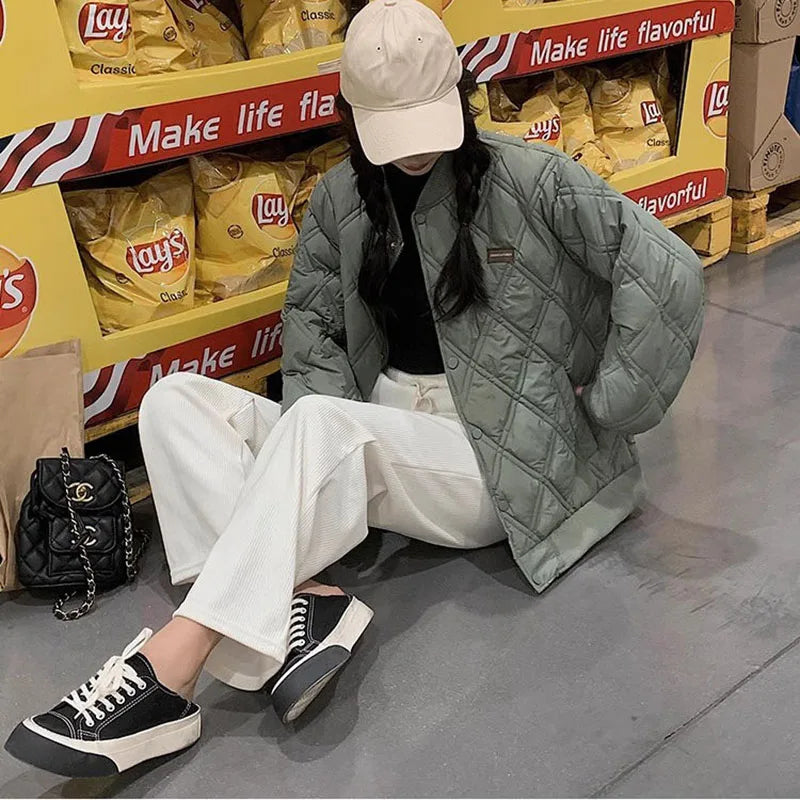 2025New Winter Cotton-Padded Jacket Women Fashion Designed Sense Rhombic Baseball Outwear Puffer Coat Thin Parka Coat Female Top
