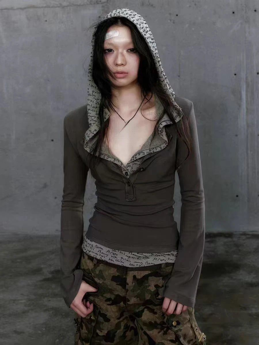 Y2k Aesthetic Fake Two Pieces Women T-shirt  Gothic Punk Vintage Casual Hooded Tshirts Grunge Letter Print Slim Fit Tees Femme