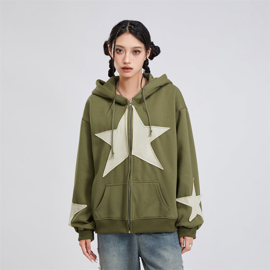 Vintage Star Print Women’s Zip-Up Hoodie – Harajuku Streetwear Outerwear