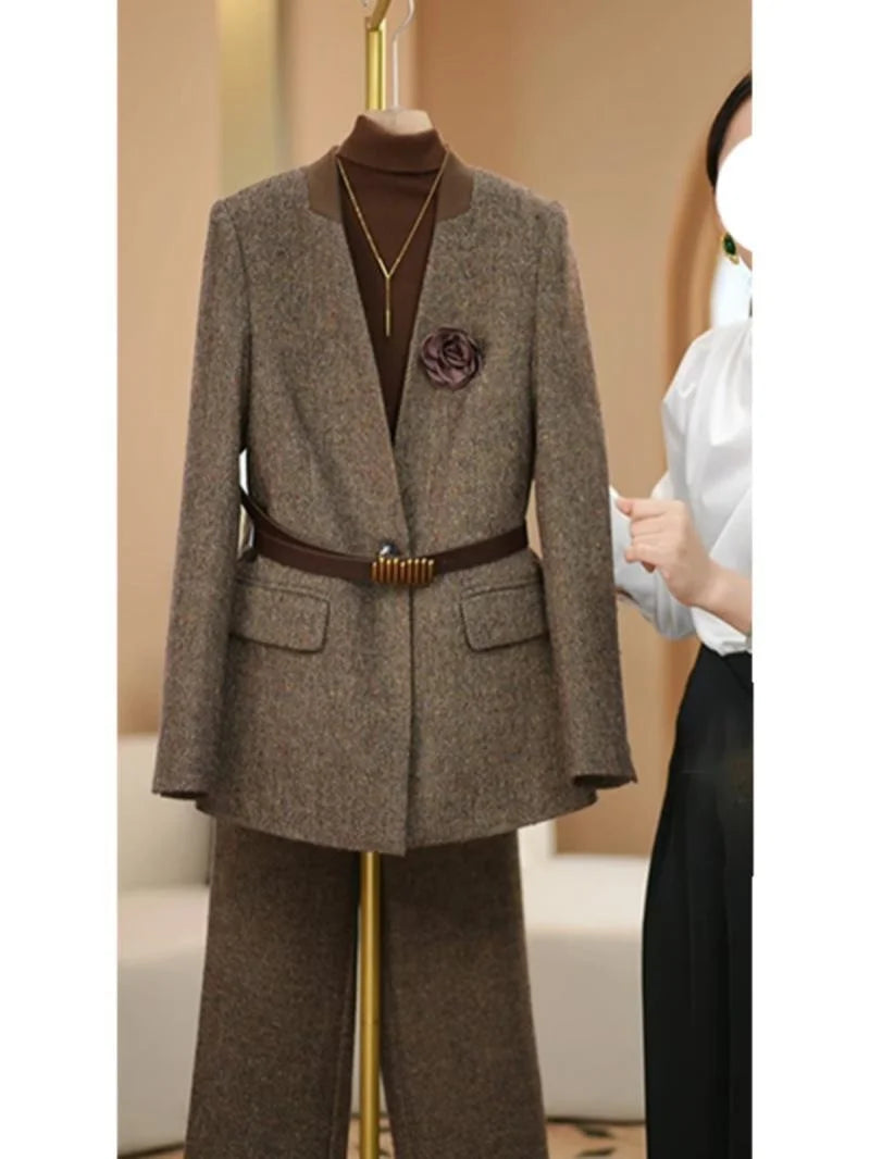 Plus Size 4XL High Quality Coffee colored Suit Jacket For Women Spring Outwear Fashion Simple Wool Coat Autumn Blazer With Belt