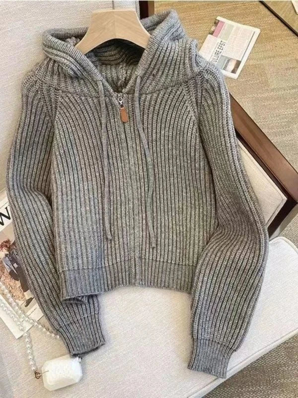 Women Long Sleeve Sweater Korean Style Casual Outerwear Woman Fashion Chic Zip Up Cardigan Knit Top Female Hooded Jumper