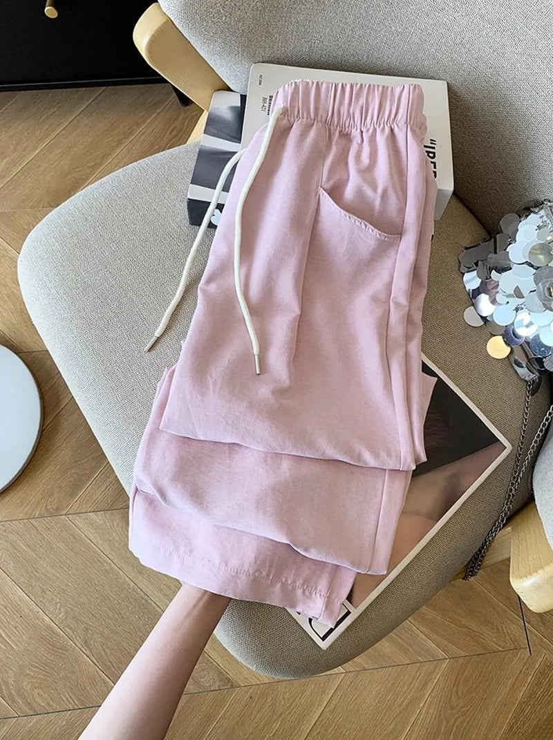 Japanese Casual Wide Leg Pants Women Summer High Waist Thin Loose Jogging Pants Y2K Baggy All Match Straight Trousers