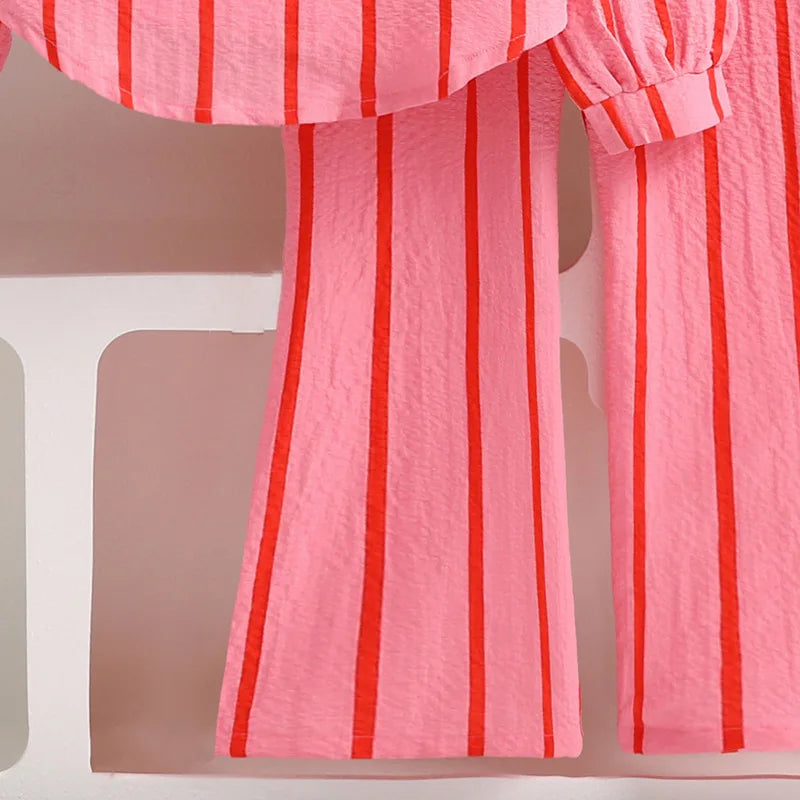 Girls’ Striped Fashion Clothing Set – Coat &amp; Long Pants (7–13 Years)