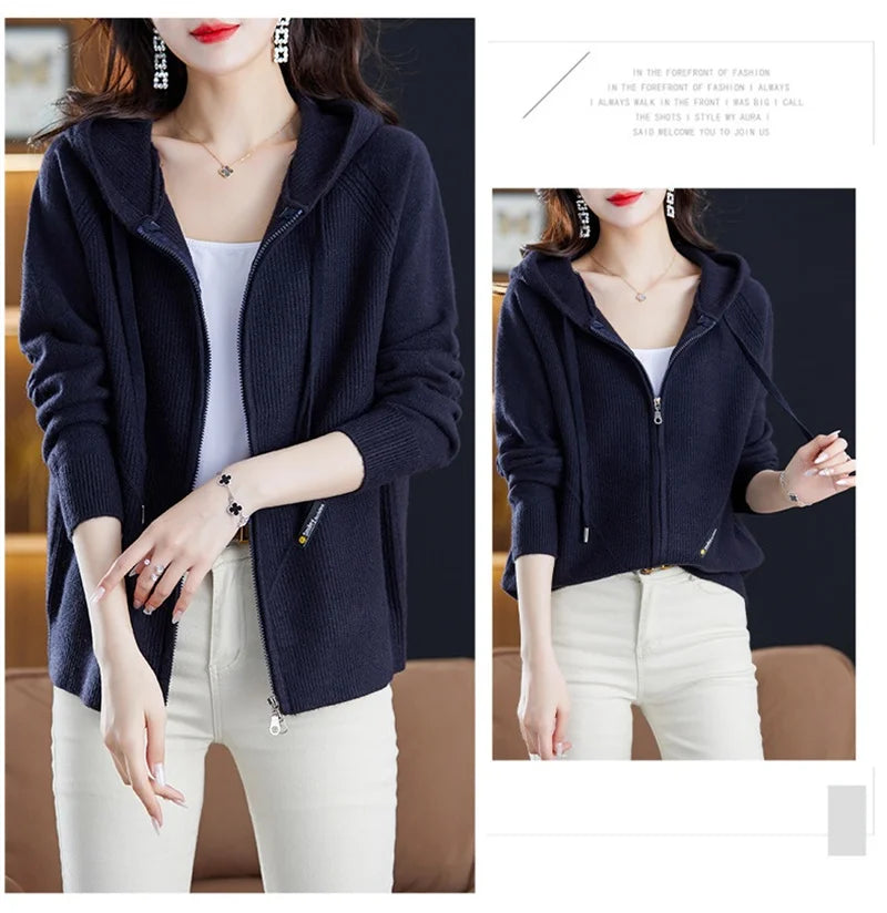 Women Knitted Sweater Cardigan Jacket 2025 New Solid Hooded Zipper Sweater Coat Female Knitwear Casual Tops Female Jackets