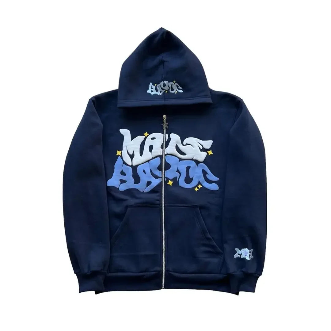 Vintage woman’s Zip-Up Hoodie – Retro Y2K Unisex Oversized Sweatshirt with Foam Letter Design