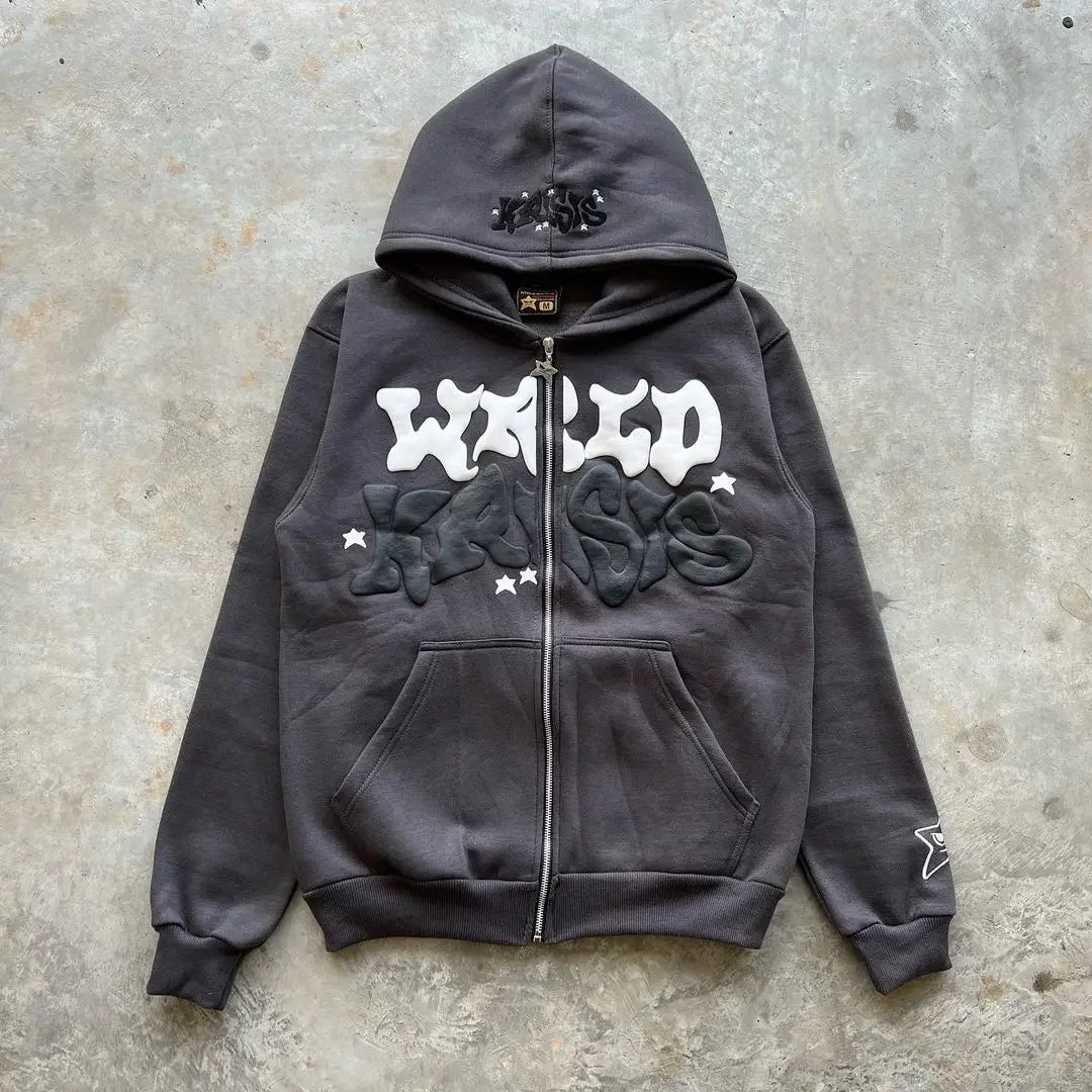 Vintage woman’s Zip-Up Hoodie – Retro Y2K Unisex Oversized Sweatshirt with Foam Letter Design