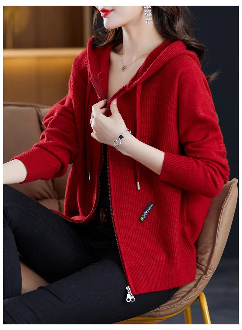 Women Knitted Sweater Cardigan Jacket 2025 New Solid Hooded Zipper Sweater Coat Female Knitwear Casual Tops Female Jackets