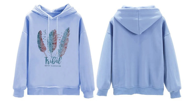 Women’s Feather Printed Hoodie – Autumn/Winter Plus Velvet Loose Sweatshirt