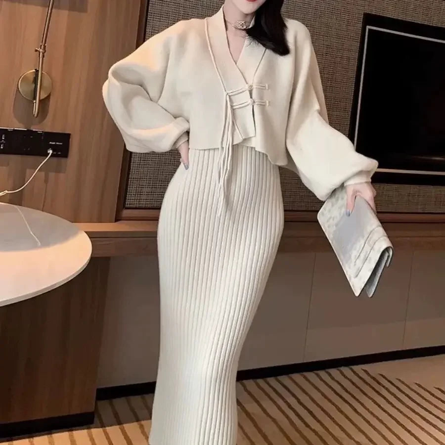 Solid Color Knitwear Set Lace up New Chinese Knitted Cardigan Women Sweater Coat Camisole Dress Two Piece Set Women Outfits