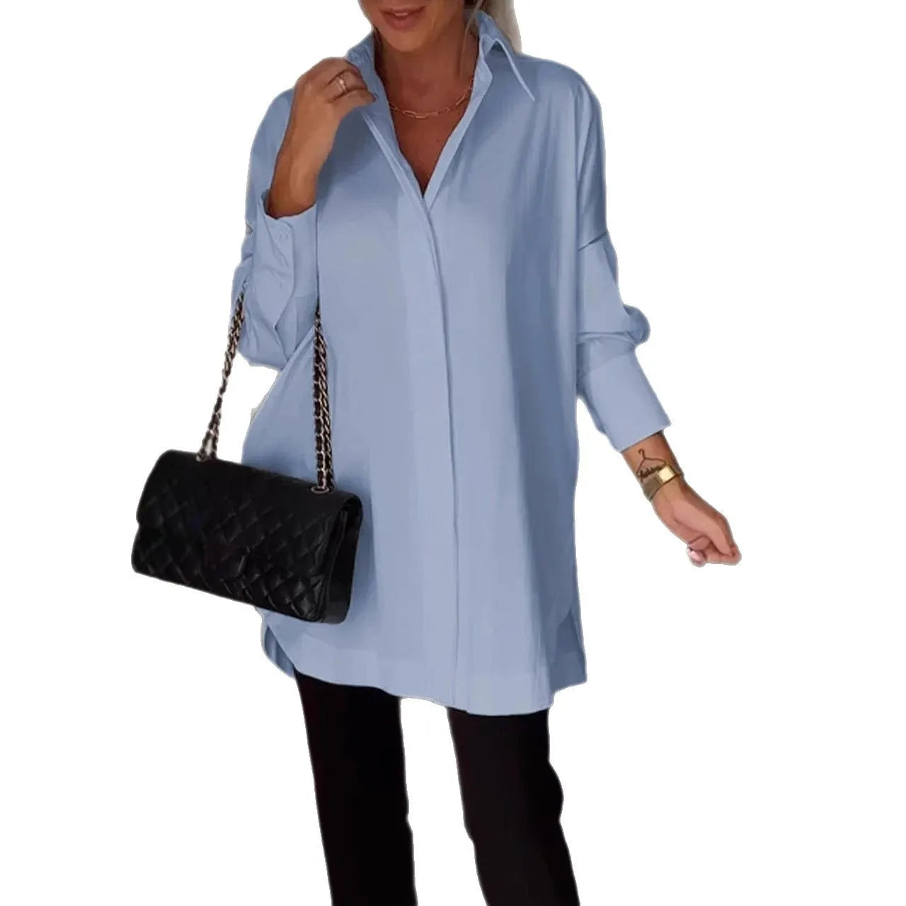 Women’s Loose Button Blouse – Summer Long Sleeve Shirt with Turn Down Collar Tops