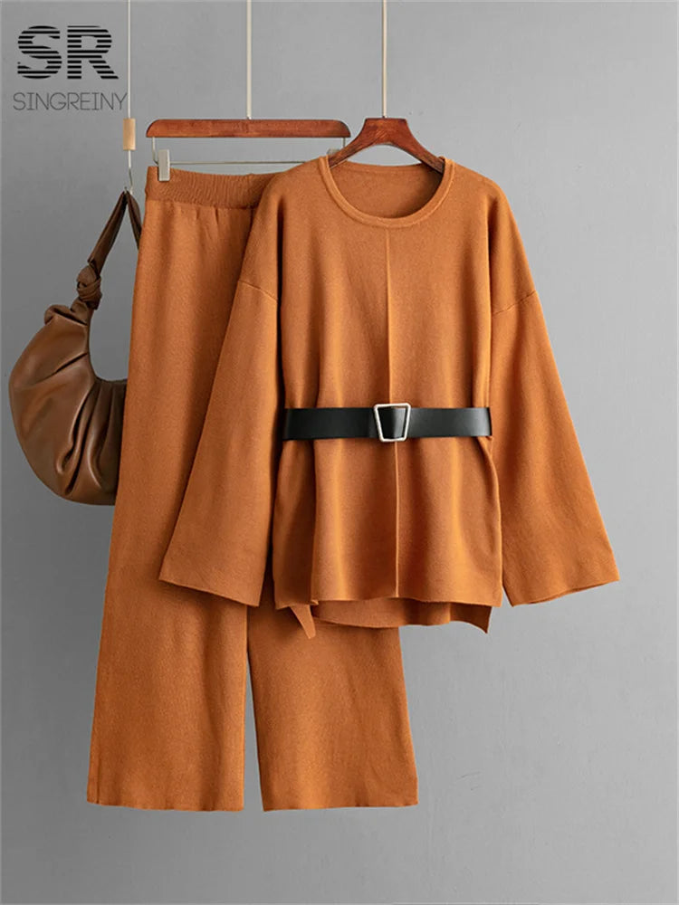 SINGREINY Autumn Fashion Knit Loose Suits Women O Neck Belt Design Pullovers+Wide Legs Long Pants Winter Causal Thick 2PC Set