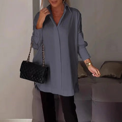 Women’s Loose Button Blouse – Summer Long Sleeve Shirt with Turn Down Collar Tops