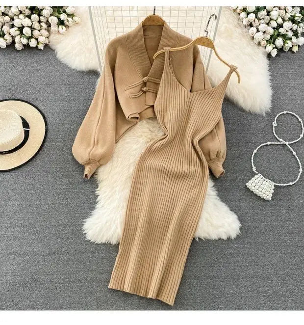 Solid Color Knitwear Set Lace up New Chinese Knitted Cardigan Women Sweater Coat Camisole Dress Two Piece Set Women Outfits