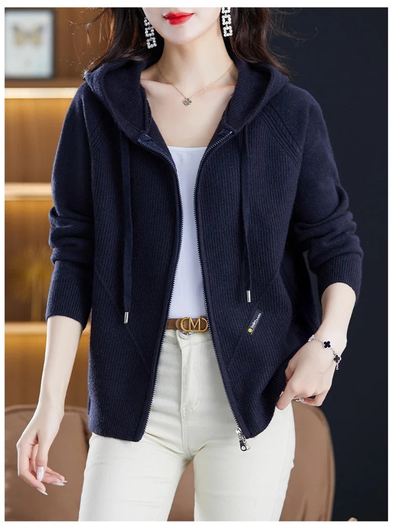 Women Knitted Sweater Cardigan Jacket 2025 New Solid Hooded Zipper Sweater Coat Female Knitwear Casual Tops Female Jackets