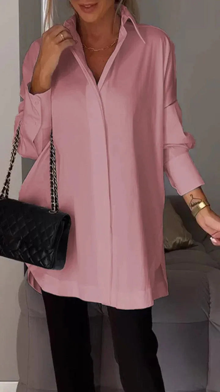 Women’s Loose Button Blouse – Summer Long Sleeve Shirt with Turn Down Collar Tops