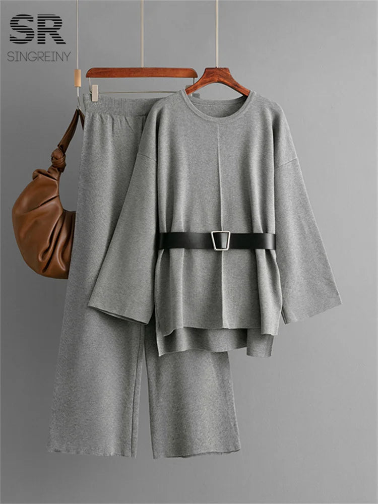 SINGREINY Autumn Fashion Knit Loose Suits Women O Neck Belt Design Pullovers+Wide Legs Long Pants Winter Causal Thick 2PC Set