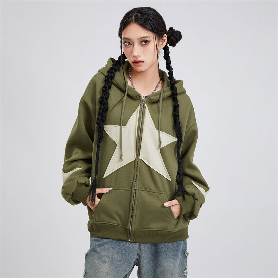 Vintage Star Print Women’s Zip-Up Hoodie – Harajuku Streetwear Outerwear