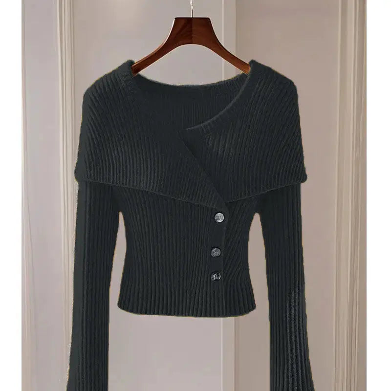 2025 Early Autumn New Temperament Solid Color Simple Knitted Sweater Cardigan Long Sleeve Slim Fit Crew Neck Chic Top