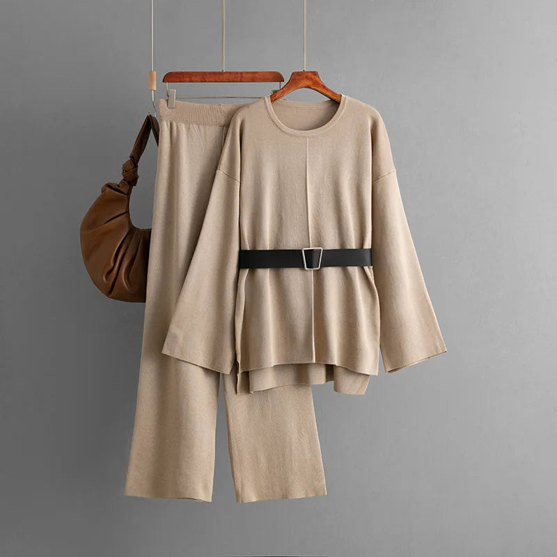 SINGREINY Autumn Fashion Knit Loose Suits Women O Neck Belt Design Pullovers+Wide Legs Long Pants Winter Causal Thick 2PC Set