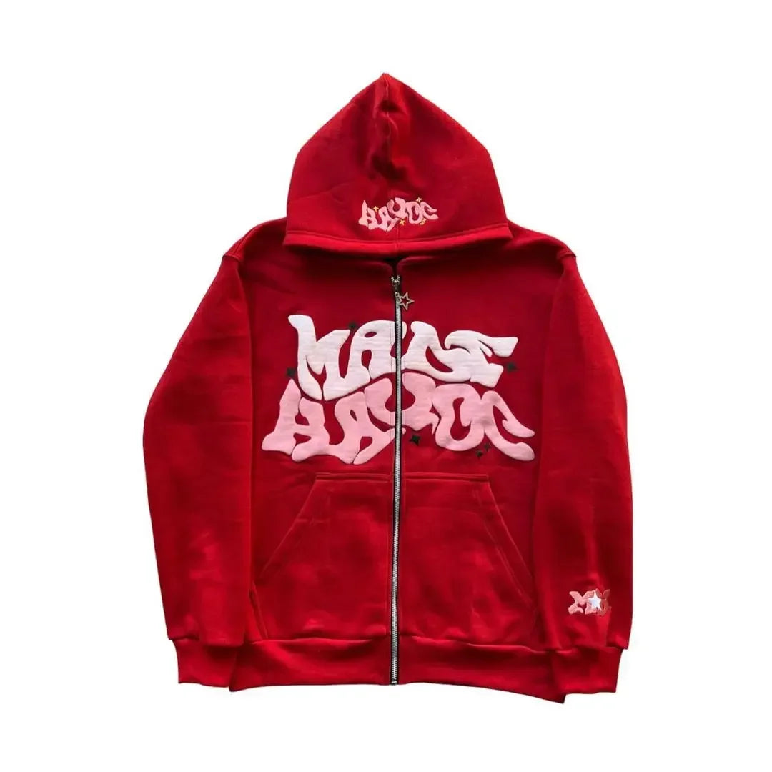 Vintage woman’s Zip-Up Hoodie – Retro Y2K Unisex Oversized Sweatshirt with Foam Letter Design