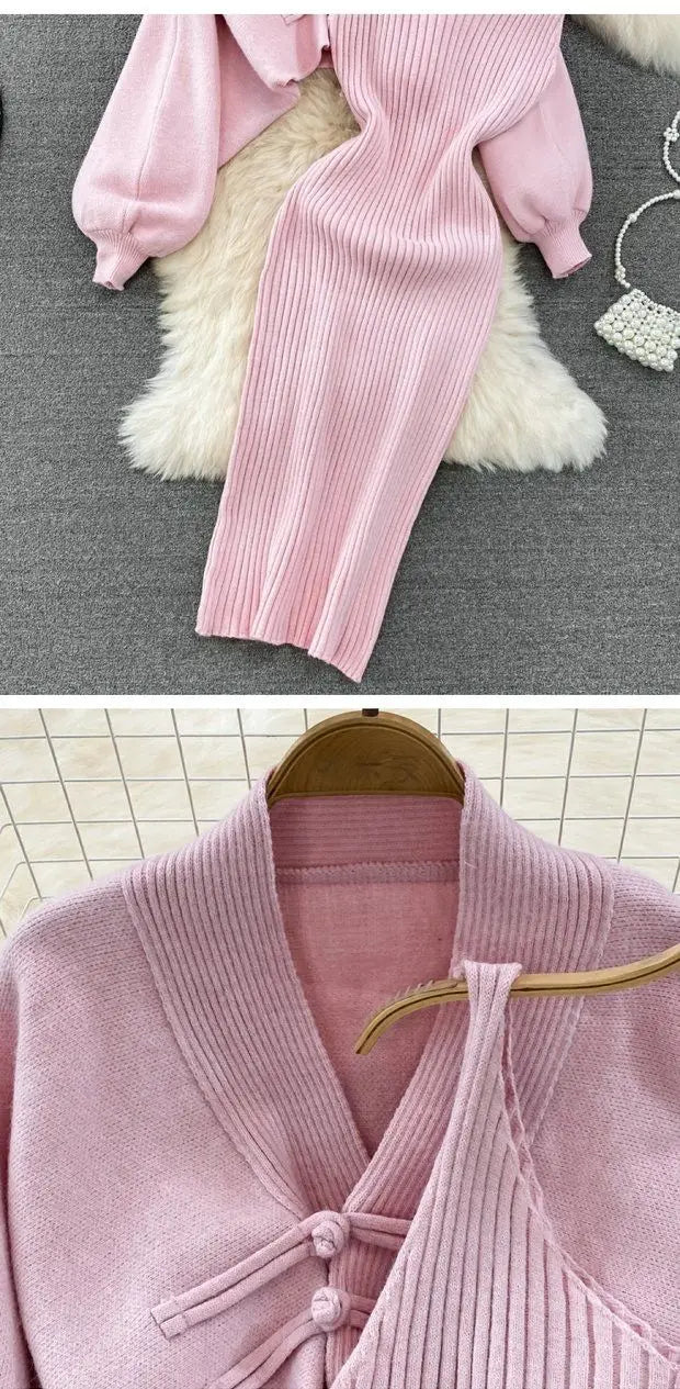 Solid Color Knitwear Set Lace up New Chinese Knitted Cardigan Women Sweater Coat Camisole Dress Two Piece Set Women Outfits