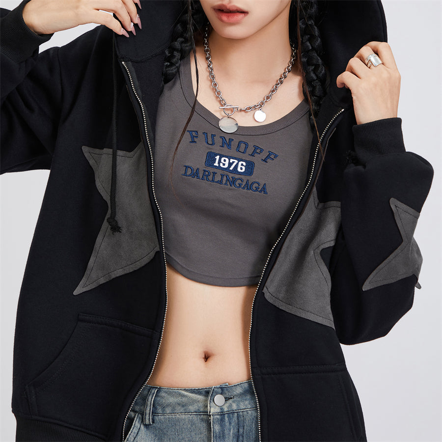 Vintage Star Print Women’s Zip-Up Hoodie – Harajuku Streetwear Outerwear