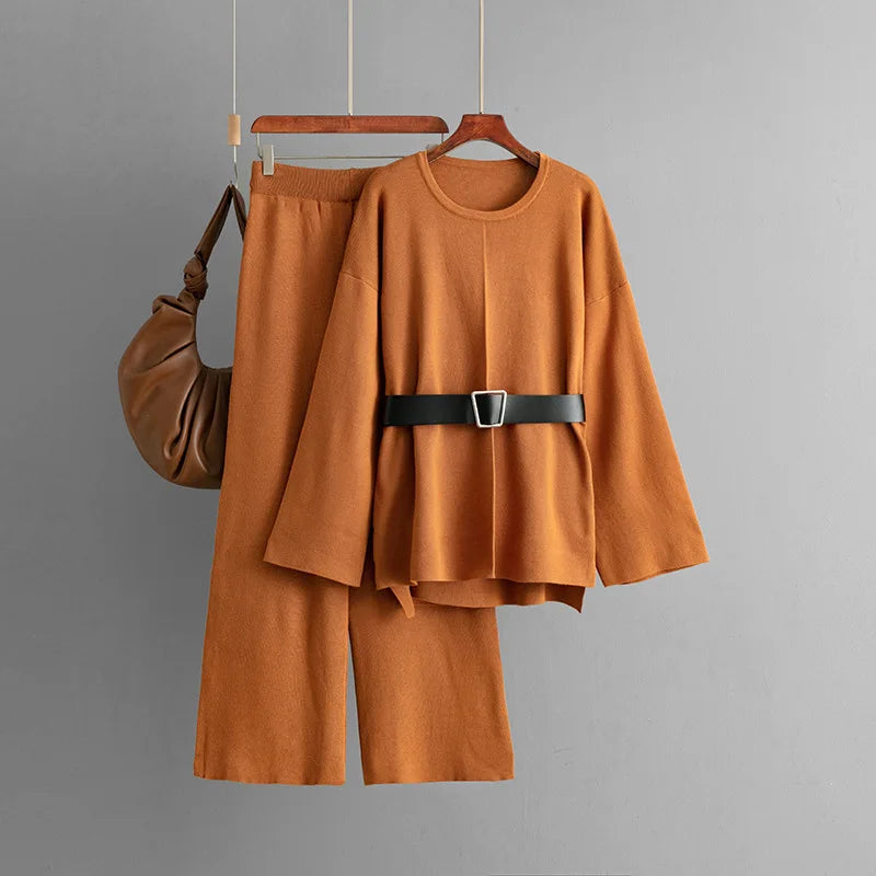 SINGREINY Autumn Fashion Knit Loose Suits Women O Neck Belt Design Pullovers+Wide Legs Long Pants Winter Causal Thick 2PC Set