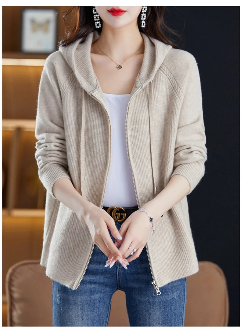Women Knitted Sweater Cardigan Jacket 2025 New Solid Hooded Zipper Sweater Coat Female Knitwear Casual Tops Female Jackets