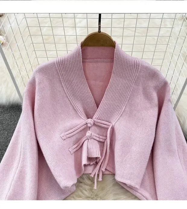 Solid Color Knitwear Set Lace up New Chinese Knitted Cardigan Women Sweater Coat Camisole Dress Two Piece Set Women Outfits