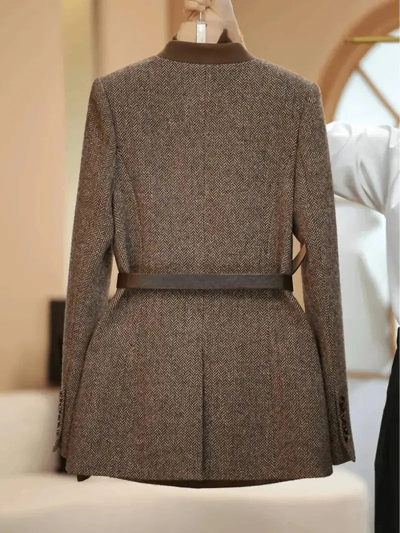 Plus Size 4XL High Quality Coffee colored Suit Jacket For Women Spring Outwear Fashion Simple Wool Coat Autumn Blazer With Belt