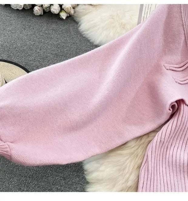 Solid Color Knitwear Set Lace up New Chinese Knitted Cardigan Women Sweater Coat Camisole Dress Two Piece Set Women Outfits