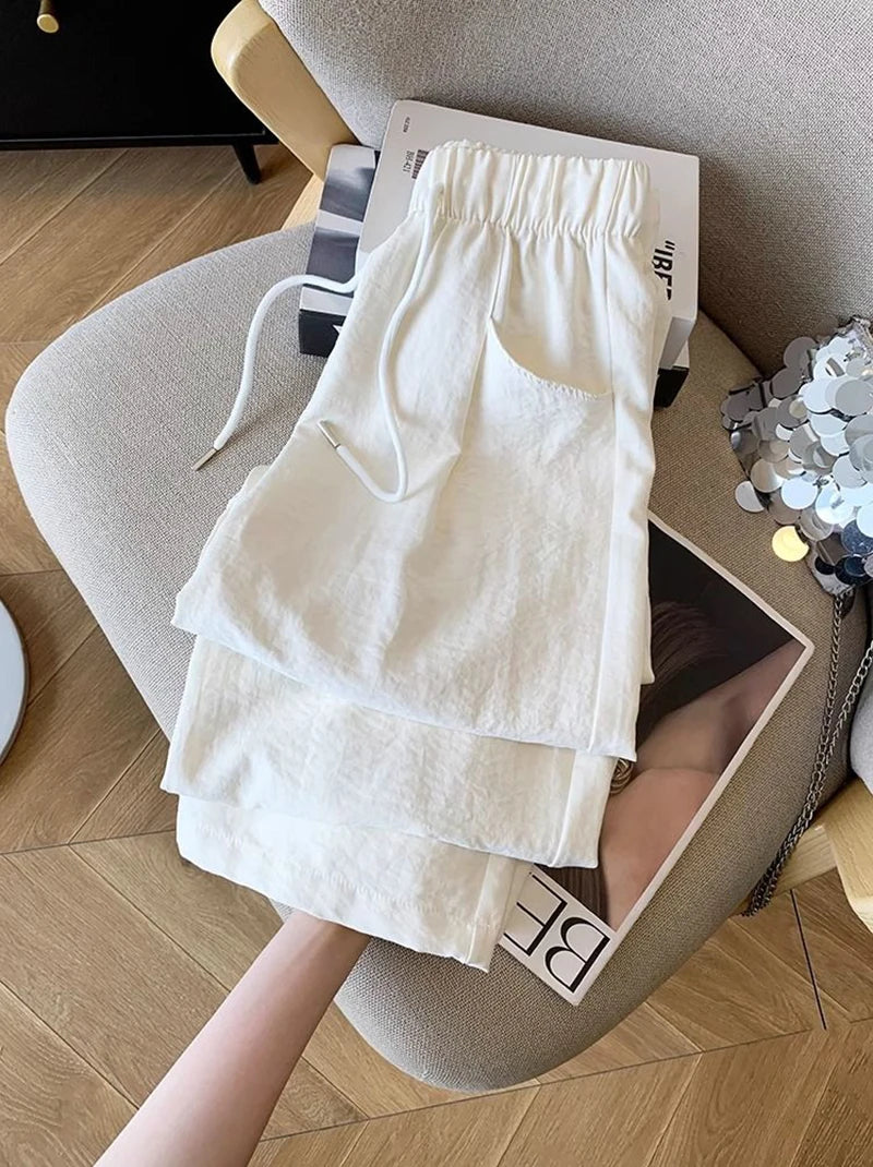 Japanese Casual Wide Leg Pants Women Summer High Waist Thin Loose Jogging Pants Y2K Baggy All Match Straight Trousers
