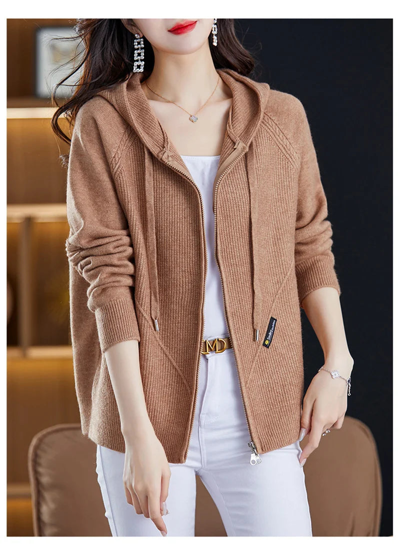 Women Knitted Sweater Cardigan Jacket 2025 New Solid Hooded Zipper Sweater Coat Female Knitwear Casual Tops Female Jackets